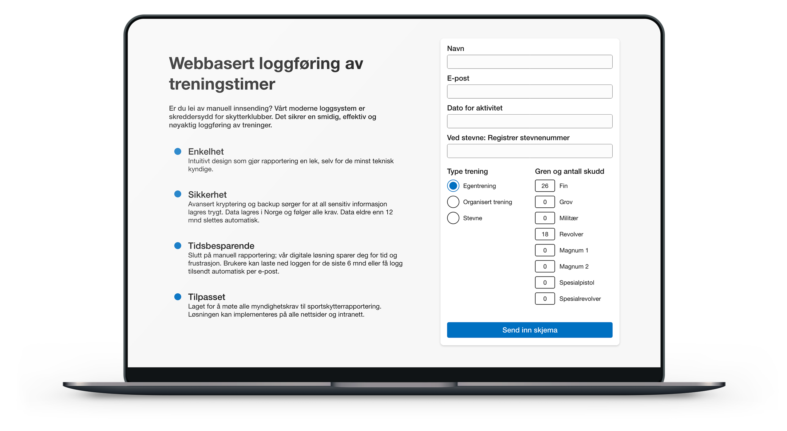 Laptop som viser eksempel på skjema for loggføring av treningstimer